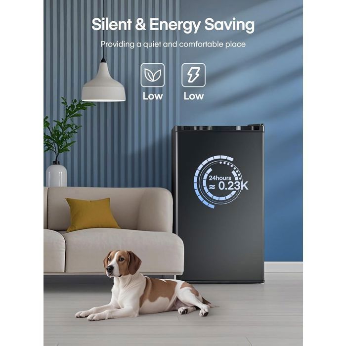 Frigorifero-congelatore compatto FOHERE da 90 litri con porta reversibile regolabile e silenziosa, ideale per ufficio, appartamento o camera da letto.