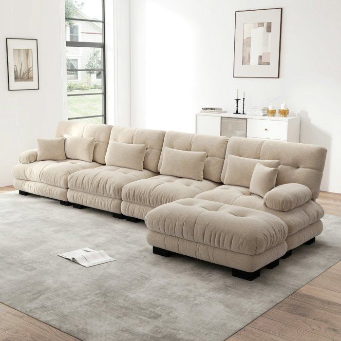Sofá esquinero modular - LANGTU - Se convierte en un sofá esquinero de 4 plazas en forma de L - Tapicería de chenilla marrón claro - Otomana extraíble - Cojines tipo nube