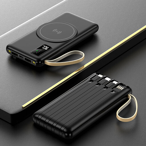 Smartek 10.000mAh Powerbank mit 4 integrierten Kabeln und Qi-Wireless-Charging