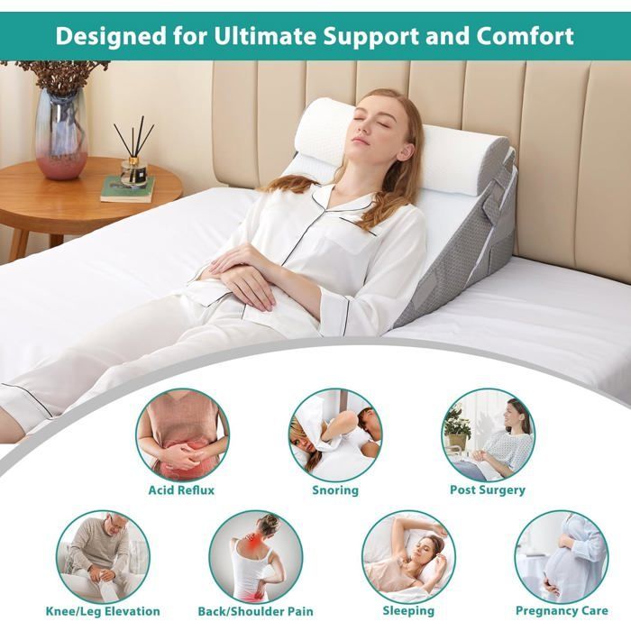 Almohada angular para cama, almohada triangular de espuma viscoelástica para la apnea del sueño, el reflujo ácido y la elevación de las piernas.