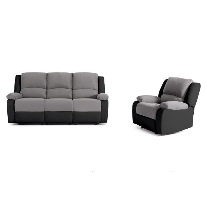 Ensemble de Canapés Relaxation manuel 3 places et 1 place Microfibre Grise / Simili Noir LEO - LOUNGITUDE