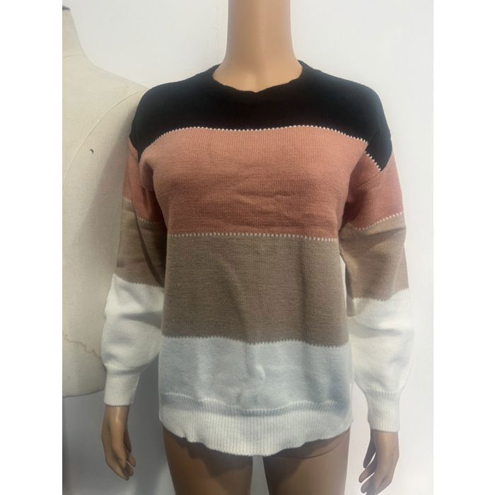 Jersey de punto de manga larga con cuello redondo y rayas para mujer, color negro - FINDPITAYA