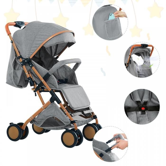 Silla de paseo - XUANYU - Triciclo de empuje - Capota extragrande + Estructura grande + Ajustable + Mosquitera - Gris