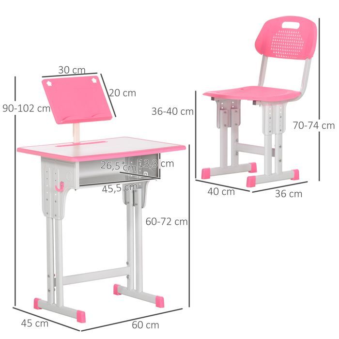 HOMCOM children's desk and chair with reading stand, storage compartment, hook and pen holder - adjustable height - 60 x 45 x 90-102 cm