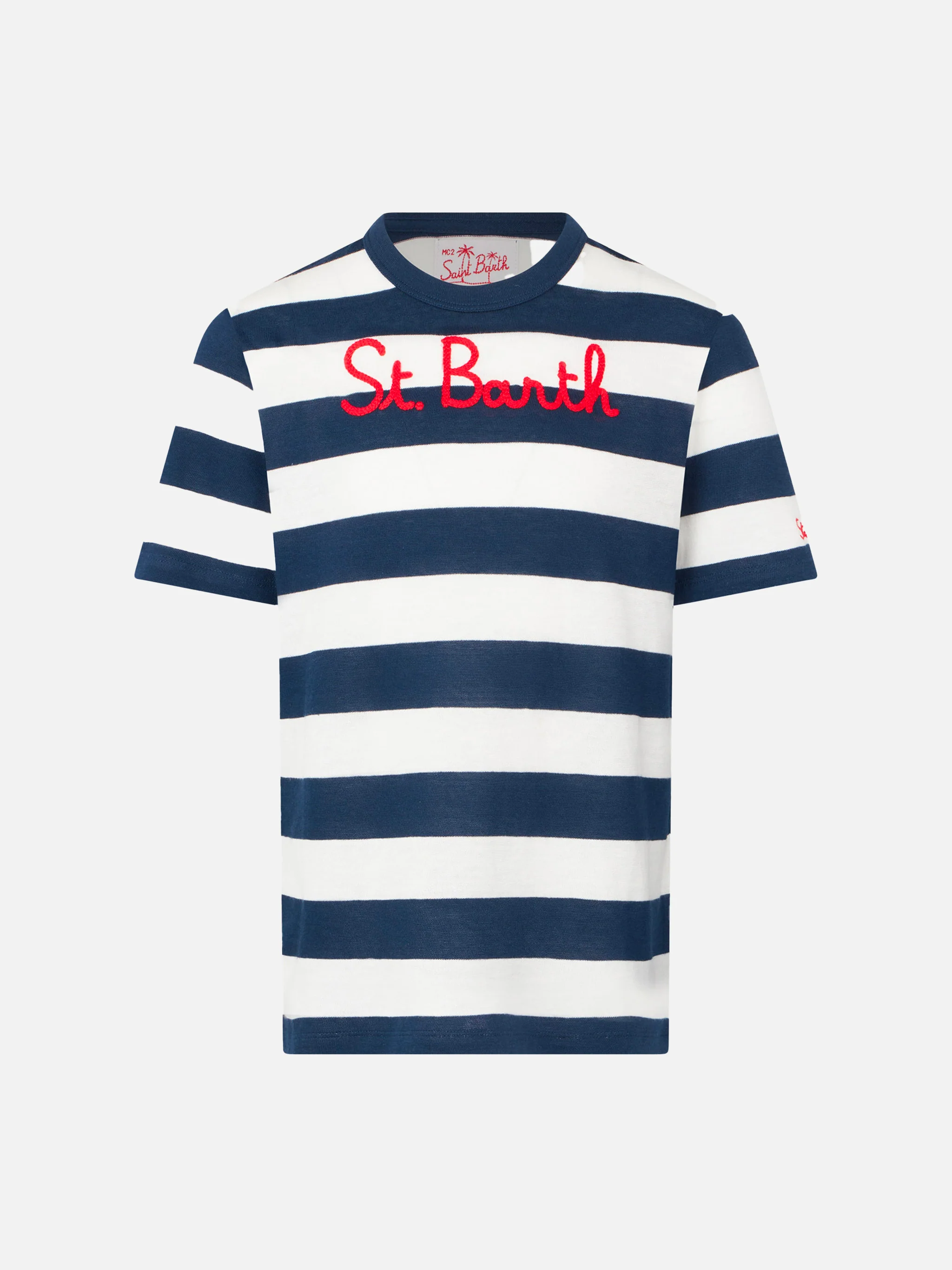 Blauw gestreept T-shirt voor jongens met St. Barth-borduurwerk.