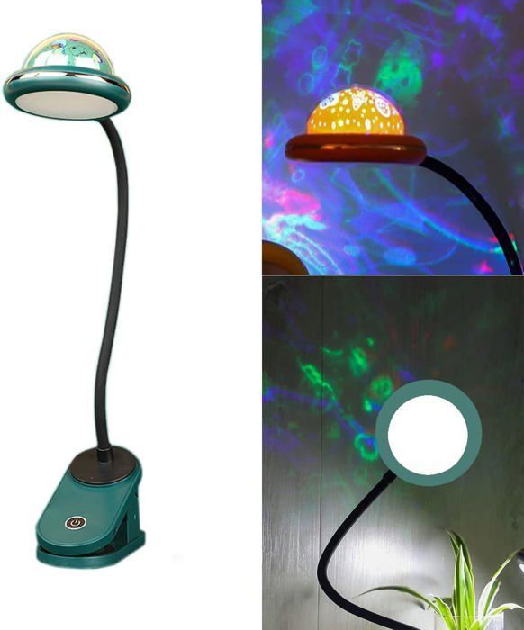 Lámpara infantil con pinza, lámpara de lectura LED recargable por USB con proyección de estrellas e intensidad regulable mediante tacto.