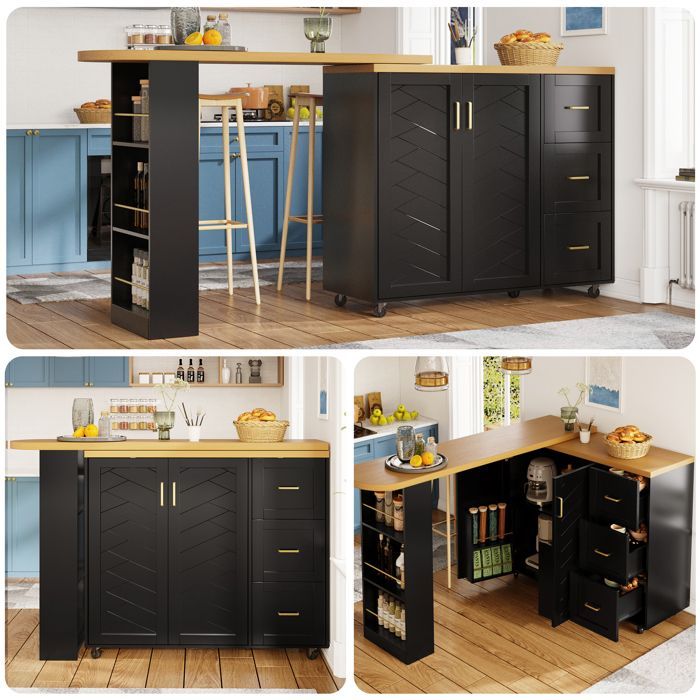 Buffet Cuisine,Îlot de Cuisine Extensible 135-228×39×104 cm,Avec 2 Portes 3 Tiroirs,Plateau Finition Bois, Roulant,Noir