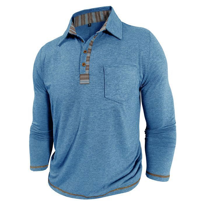 Herren-Poloshirt mit langen Ärmeln, regulärer Passform, mit Tasche, Kontrastfarben, Frühling/Herbst – EU-Größe – Hellblau