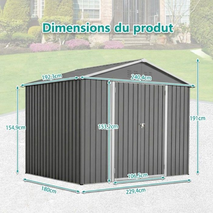 Caseta de jardín metálica - LANGTU - 229 x 180 cm - Antracita - Puerta doble de 106 cm - Acero galvanizado resistente a la corrosión