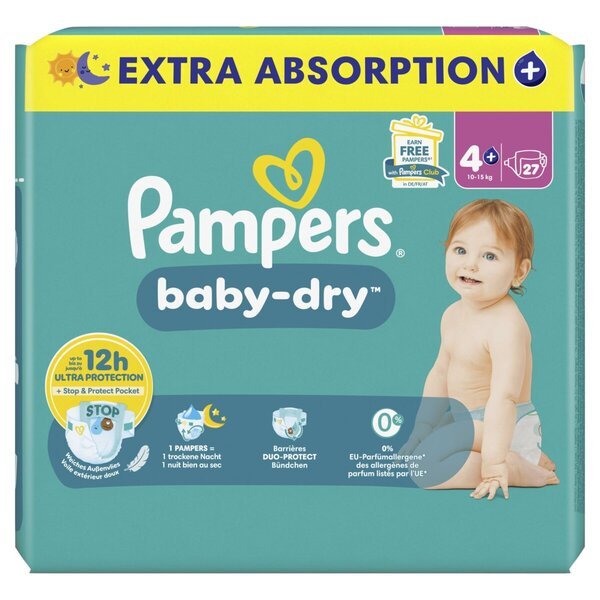 Plenice Pampers Baby-Dry velikost 4+ (10–15 kg), 27 kosov