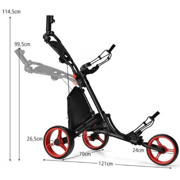 GYMAX 3-Wheel Folding Aluminum Golf Trolley with Adjustable Handle, Rear Wheel with Brake and Umbrella Holder, Red