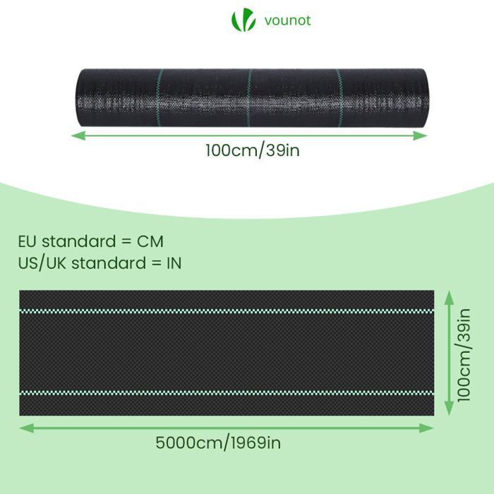 Tejido geotextil VOUNOT® para el control de malezas, 50 m x 1 m, 100 g/m² - Tejido geotextil resistente a los rayos UV contra las malas hierbas.