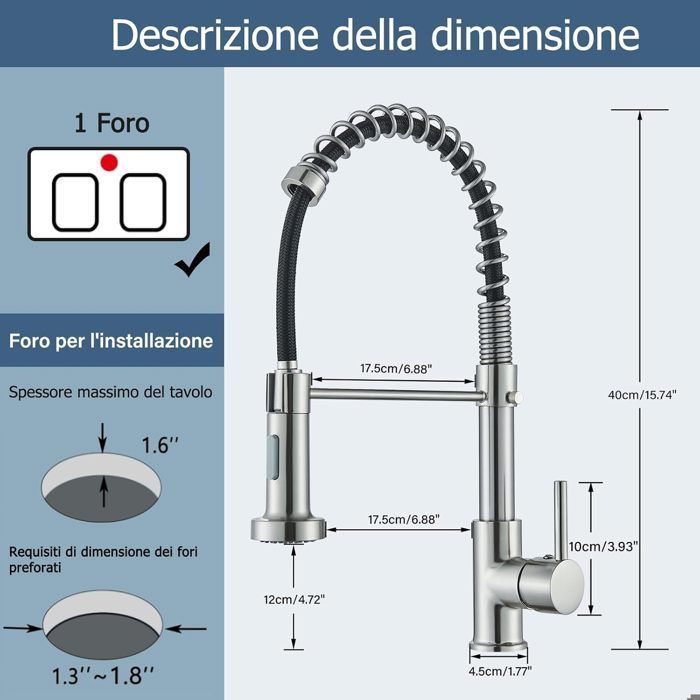 Grifo de cocina JULLYBATHEVY - Grifo mezclador - Giro de 360° - Cabezal rociador extraíble - 2 modos de rociado - Níquel cepillado