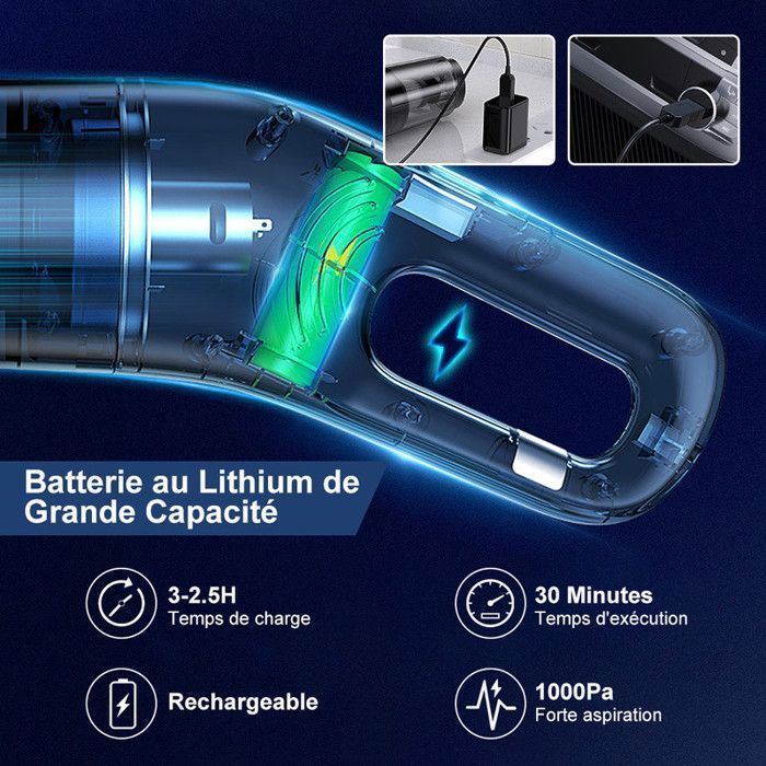 Aspiradora inalámbrica para coche - Potente aspiradora de mano de 10000 Pa - Mini aspiradora portátil para coche, hogar y cocina.