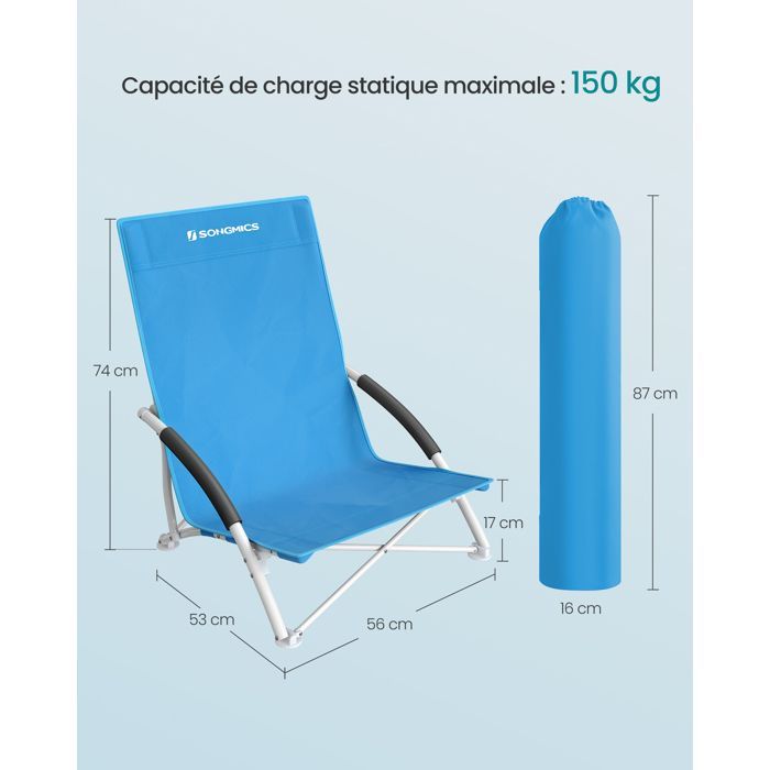 Silla de playa plegable SONGMICS - Respaldo alto - Ligera - Capacidad de carga de 150 kg - Azul