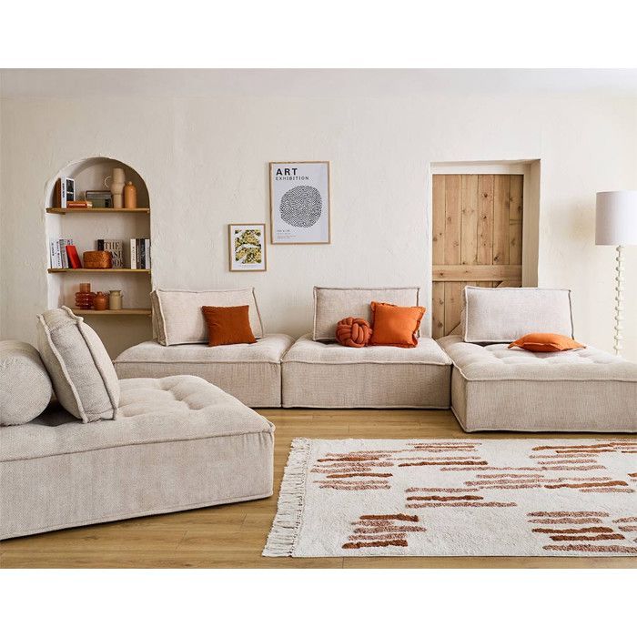 Marisol – 7-Sitzer-Modulsofa mit Panoramafunktion – strukturierter Samt – Beige