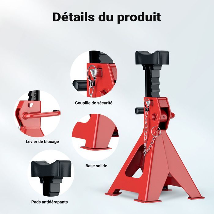 Juego de 2 soportes elevadores Wiltec, capacidad de 6 toneladas, peso de 9 kg, altura ajustable de 390 a 603 mm, doble bloqueo de seguridad, base grande.