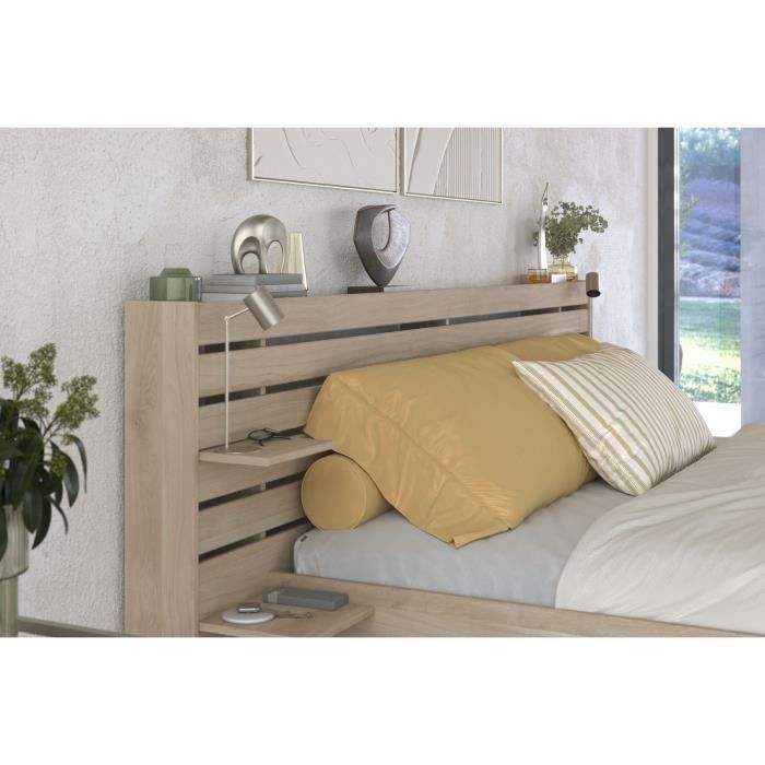 ESCALE Volwassenenbed 180x200 cm - Japanse eikenhouten afwerking - 2 lades + hoofdbord - B235,4 x H98,2 x D216,8 cm - Gemaakt in Frankrijk