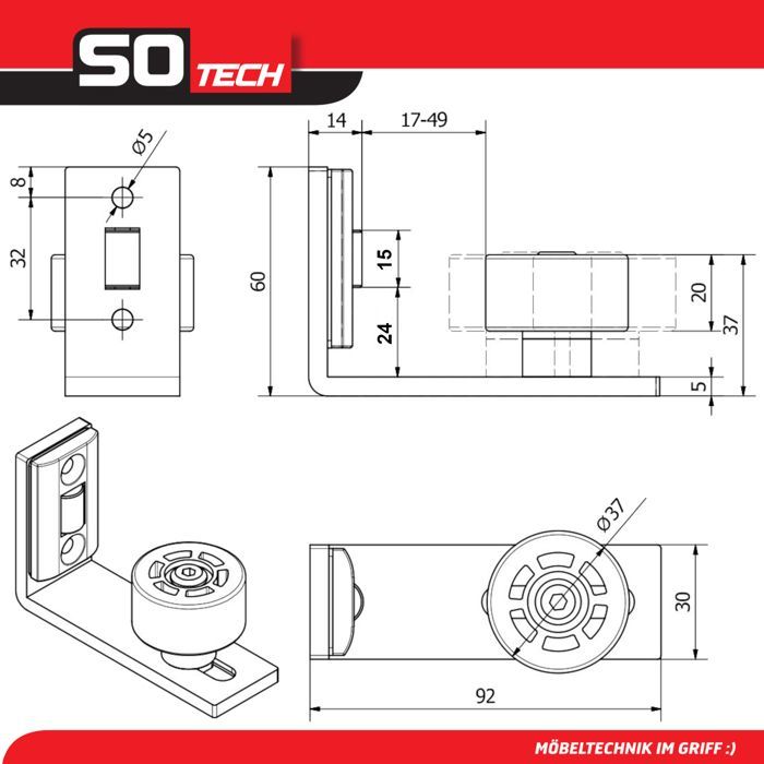 Guía de suelo SOTECH para puertas correderas ST-BF-01. Guía de rodillos para puertas con espesores de 17 a 49 mm.