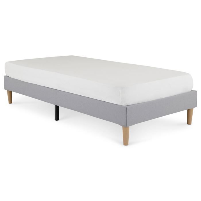 Base de cama tapizada PAIMPOL de 90 x 190 cm, estructura de madera y revestimiento de tela gris, estructura de cama con patas.
