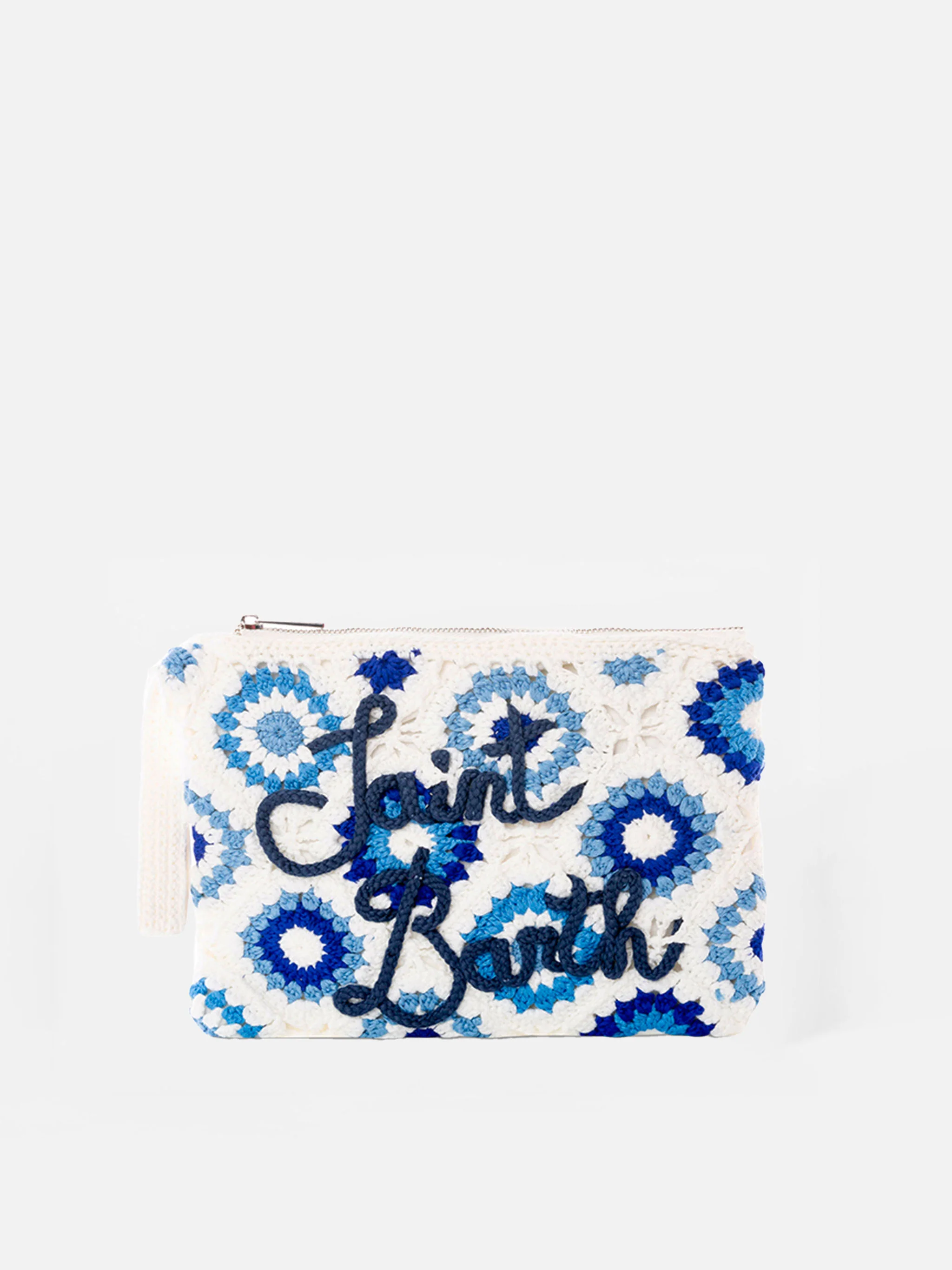 Parisienne Handmade Crochet Pouch Bag | Blue Tile Pattern on White Background | Navy Blue Saint Barth Embroidery | Stylish & Compact | MC2 Saint Barth