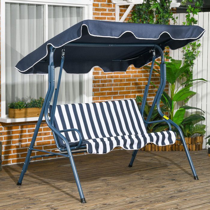 Balanço de jardim - Outsunny - 3 lugares - cobertura reclinável ajustável - almofadas para assento e encosto - aço e poliéster - listrado azul e branco