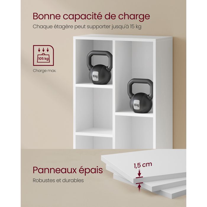 VASAGLE Bibliothèque, Meuble de Rangement avec 7 Compartiments, Étagère sur Pied, Bibliothèque Cubique, Salle à Manger, Blanc