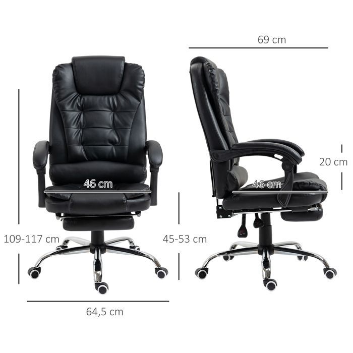 HOMCOM - Silla de oficina - Tapicería sintética de PU - 64,5 x 69 x 117 cm - Negra