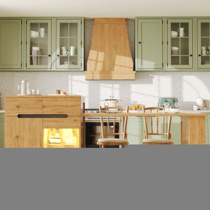 Îlot de cuisine avec table extensible, éclairage LED, finition effet chêne, tiroirs, porte vitrée et espaces de rangem ILOT CENTRAL