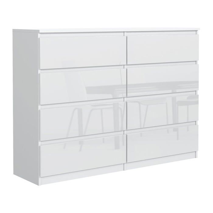 8-Drawer Chest of Drawers - Meblocker - White & Glossy 120 cm - Spacious Storage Unit - Living Room, Office, Bedroom & Children's Room