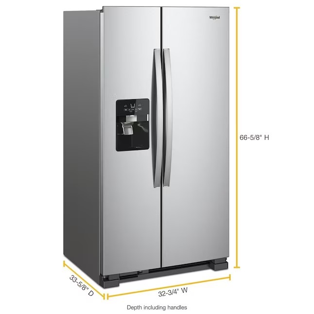 Whirlpool 21,4 kuutiojalan Side-by-Side-jääkaappi jääpalakoneella (sormenjälkiä hylkivä ruostumaton teräs)