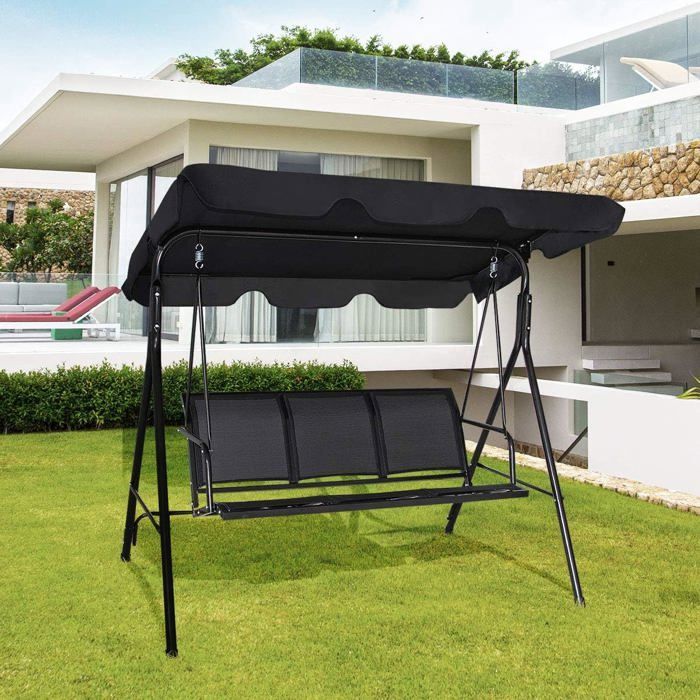 Columpio de jardín GOPLUS de 3 plazas, 170x120x153 cm, con toldo ajustable, tejido Textilene/estructura de acero, negro.