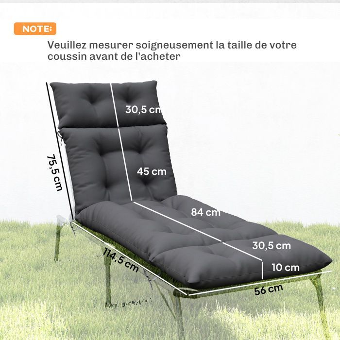 Set of 2 lounge chair cushions - Outsunny - thick, comfortable sunbathing cushion - 6 ties - 190 x 56 x 10 cm - grey
