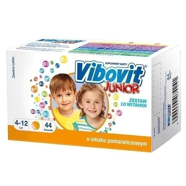 Vibovit Junior, Zestaw witamin dla dzieci od 4. roku życia, Smak pomarańczowy, Saszetki