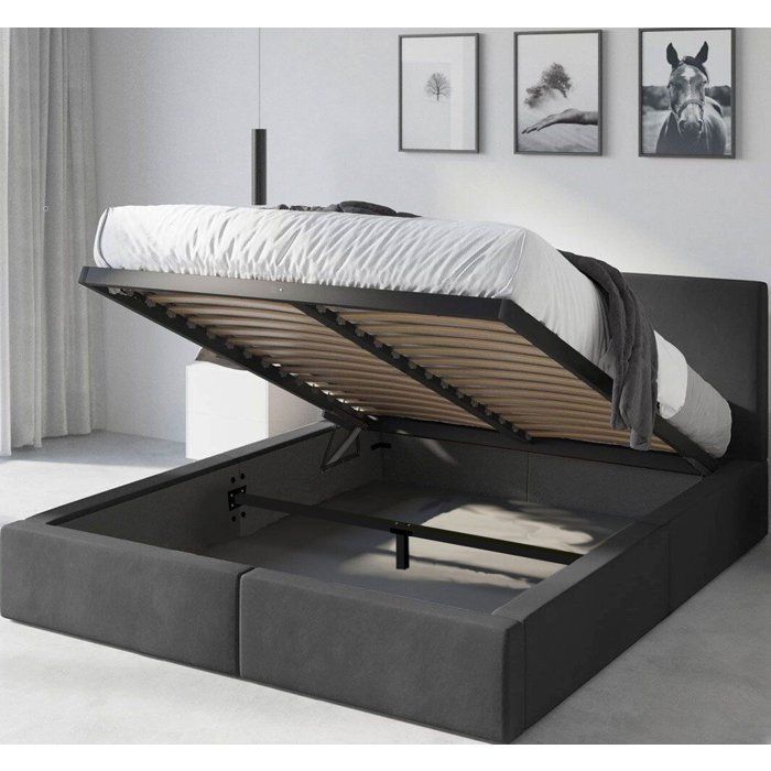 Gestoffeerd tweepersoonsbed - Interbeds - Hilton - 120x200 - Opbergvak - Lattenbodem - Metalen frame - Hoofdbord - Grafietkleurige stof