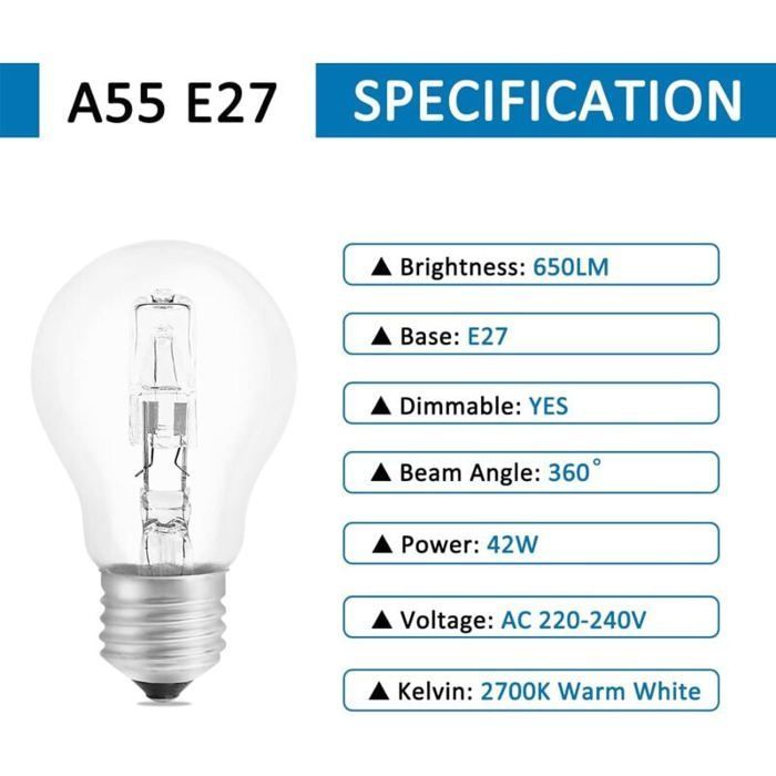 Ampoule halogène E27 dimmable - MICH - 42W - 650LM - Blanc chaud 2700K - Transparent - Lot de 5