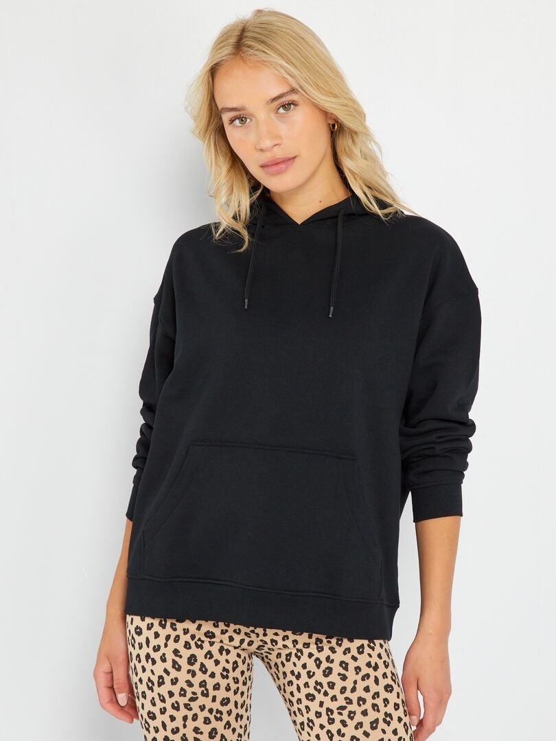 Effen fleece hoodie - Zwart