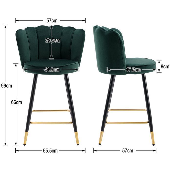 Conjunto de 2 banquetas de bar Wahson em veludo, com pés de metal, ideais para ilha de cozinha, na cor verde.