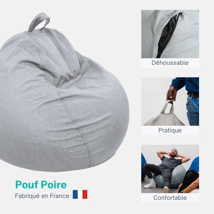 Pouf poire déhoussable gris 80 x 70 cm - Fauteuil, Canapé, Coussin de Sol, Pouf d'intérieur - Rempli de Mousse - Bananair