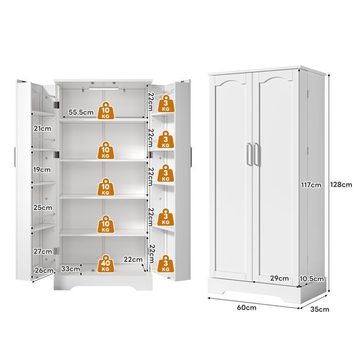 Küchenbuffet – MODERNLUXE – 60 x 35 x 128 cm – LED-Sensorbeleuchtung – 2 Türen – 5 verstellbare Einlegeböden – Weiß