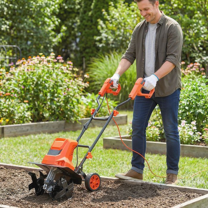Motocultor eléctrico de 1500 W, 6 cuchillas, 65 mm de ancho, 40 cm de profundidad, 20 cm, plegable e impermeable IPX4, color naranja.