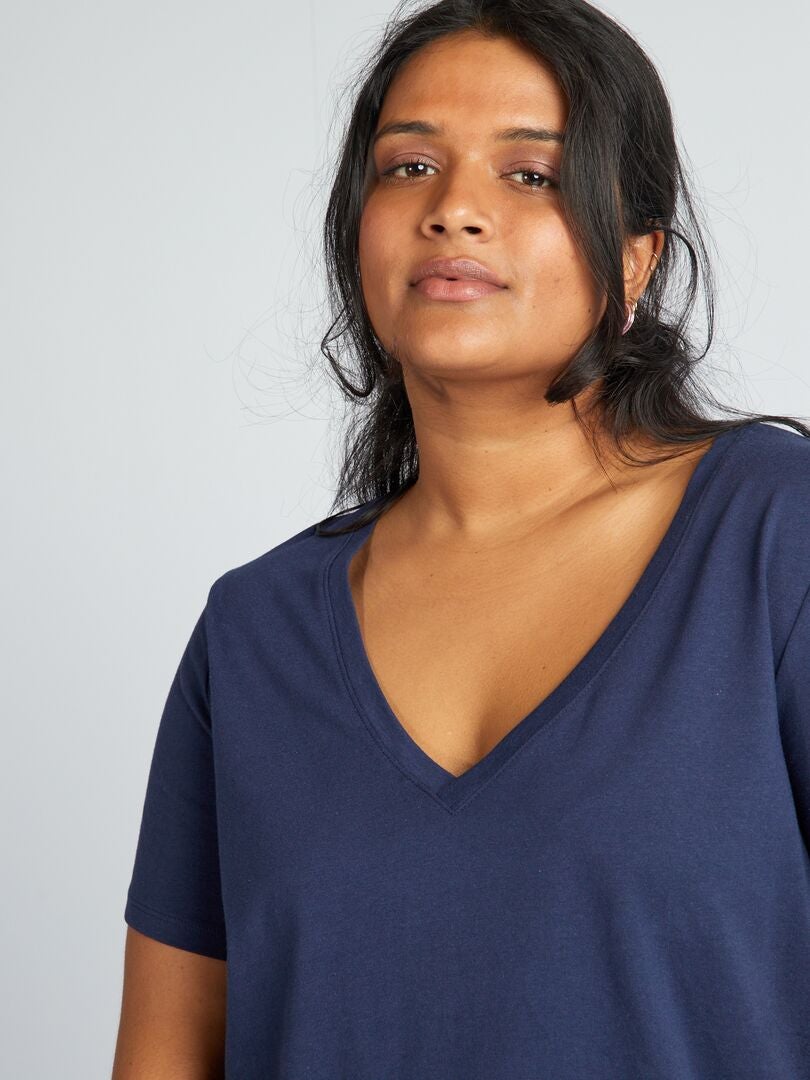 T-shirt met V-hals van jersey - Blauw Zwart