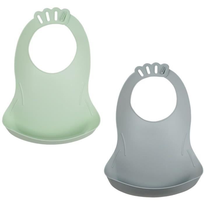 Set di 2 bavaglini - THERMOBABY - BIBOU - Verde celadon e Grigio charm - Regolabili e impermeabili
