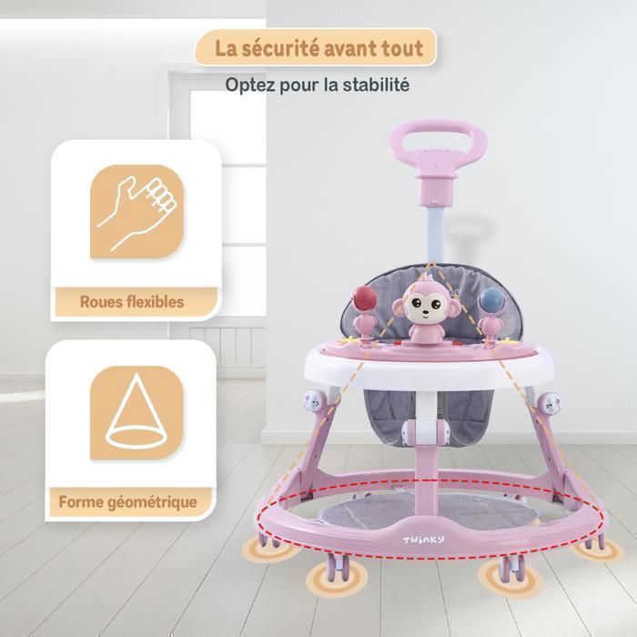 Girello Twinky® 3 in 1 | Rosa | Girello di lusso e convertibile | Monopattino, tappetino poggiapiedi e maniglione | Primi passi divertenti
