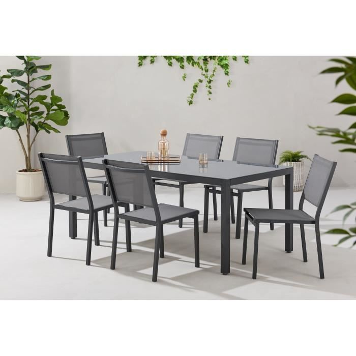 Conjunto de comedor de jardín para 6 personas: Mesa + 6 sillas - Estructura de aluminio - 180 x 90 x 74 cm - Gris antracita