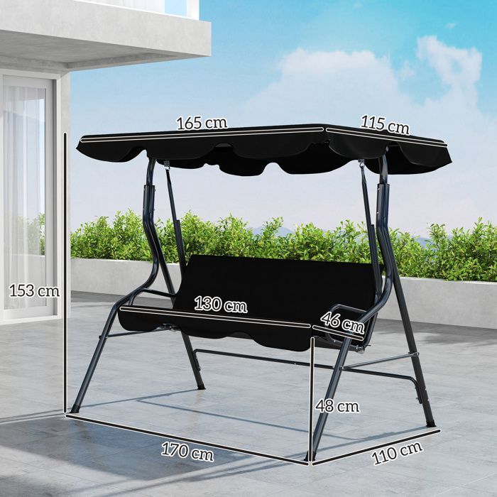 Columpio de jardín Outsunny - 3 plazas - toldo inclinable ajustable - cojines para asiento y respaldo - acero y poliéster - negro