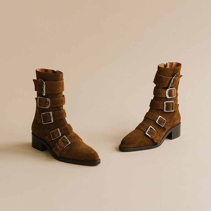 Boots à sangles et bouts pointus  en croute cognac