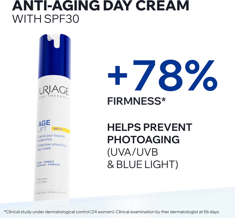 Creme de dia suavizante protetor Uriage Age Lift FPS 30 - Creme de cuidado diário contra rugas e manchas de pigmentação.
