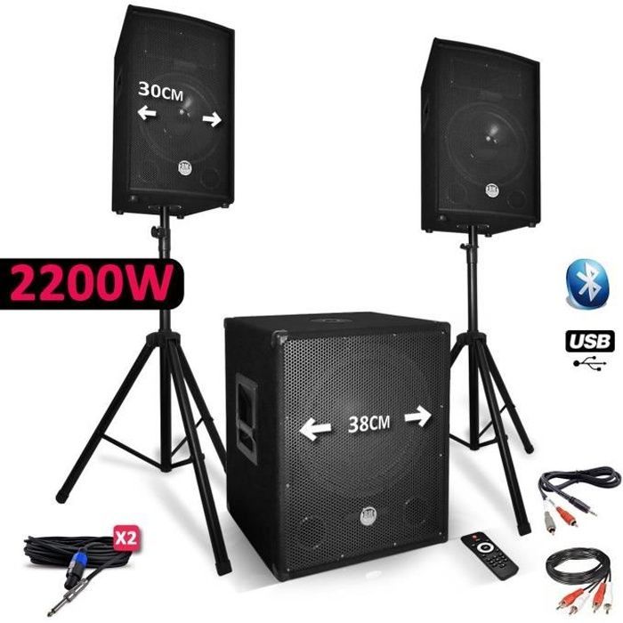 Complete 2200W DJ Sound System PACK Speakers + USB-BLUETOOTH Subwoofer + Stands - BM SONIC BMS1512