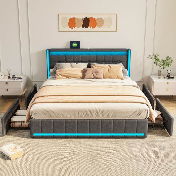 Letto matrimoniale 160x200 cm - Letto per adulti con LED e porta USB per la ricarica - 4 cassetti - rete a doghe - biancheria - grigio scuro